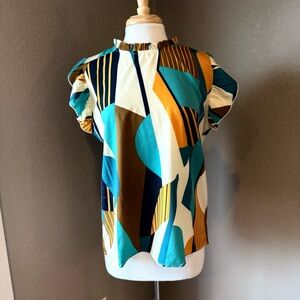 Teal and Brown Abstract Women's Blouse XL